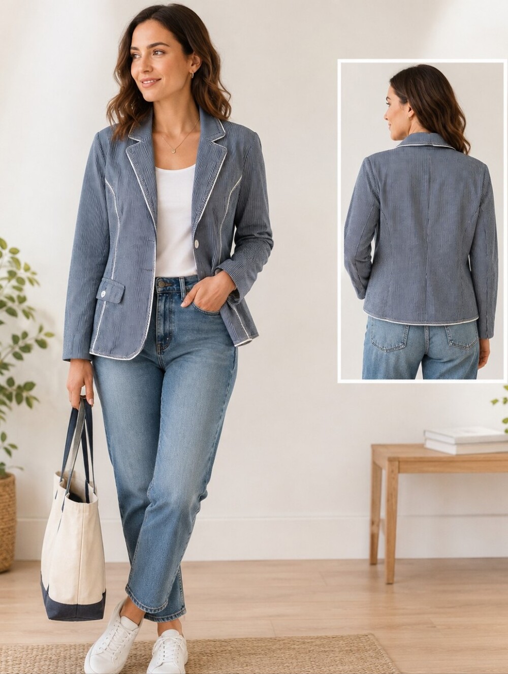 Women's Navy Blue Piped Blazer Jacket
